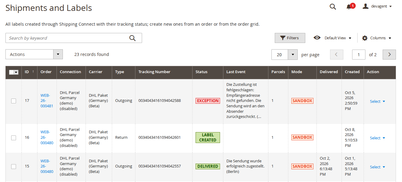 Labels list with DHL labels
