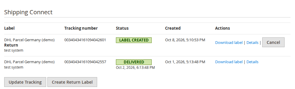 Shipping Connect block on the order view with a DHL label and a return label