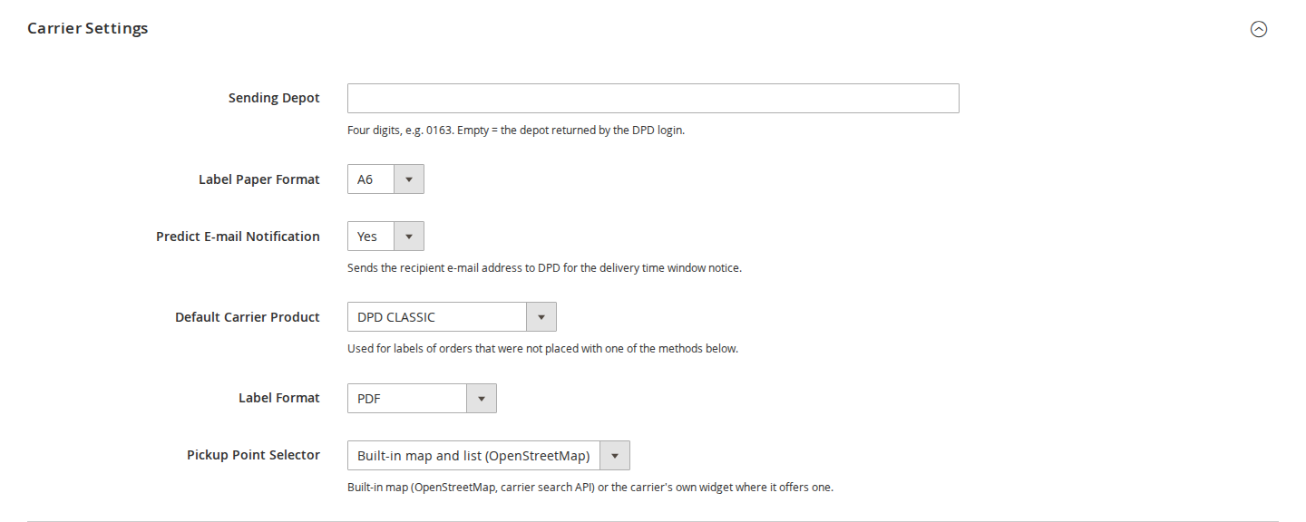 DPD carrier settings