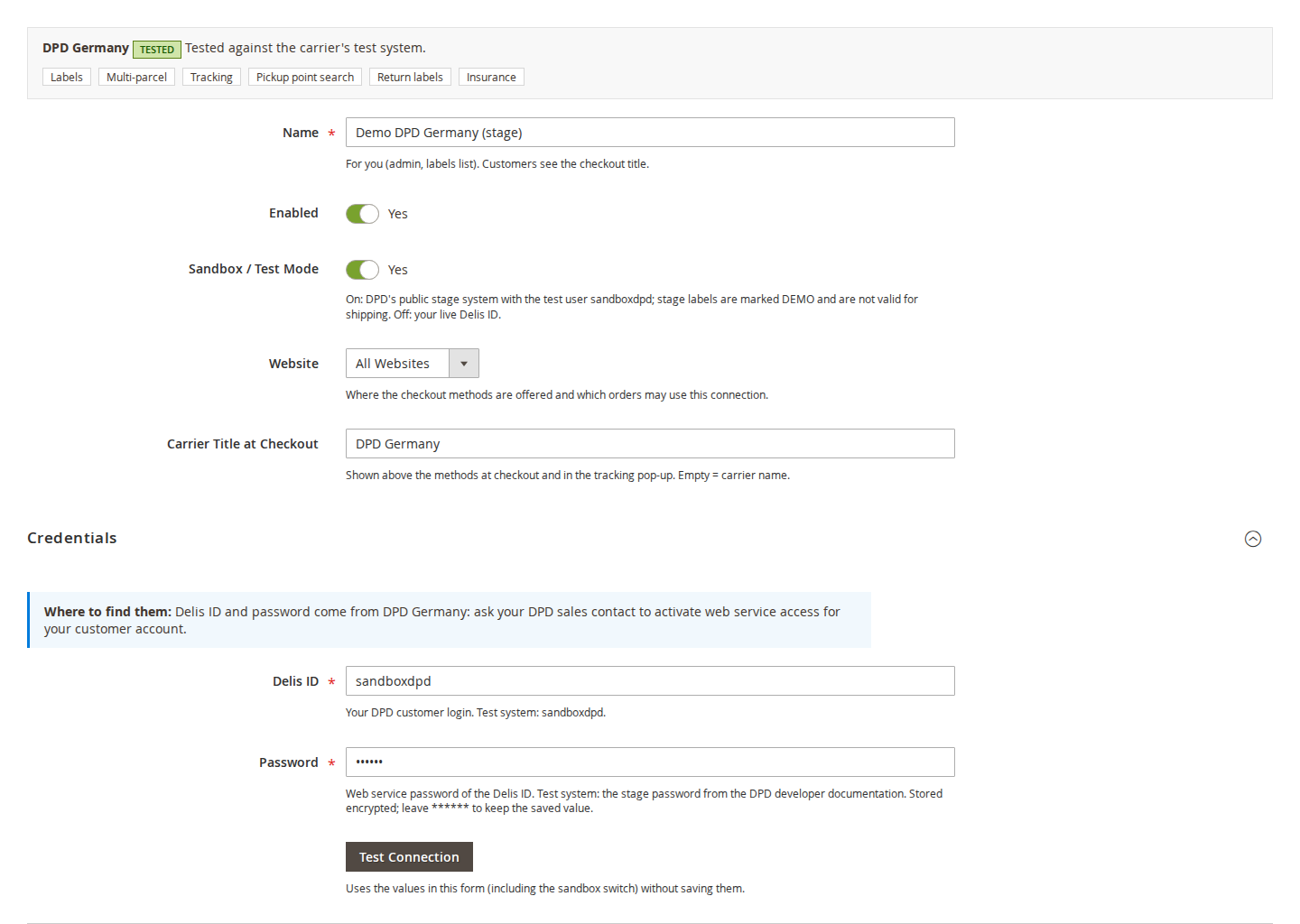DPD connection: general settings and credentials