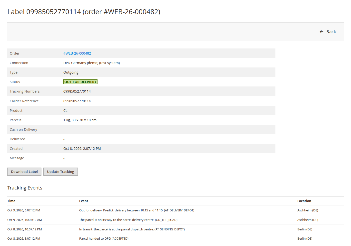 Label details with DPD tracking events