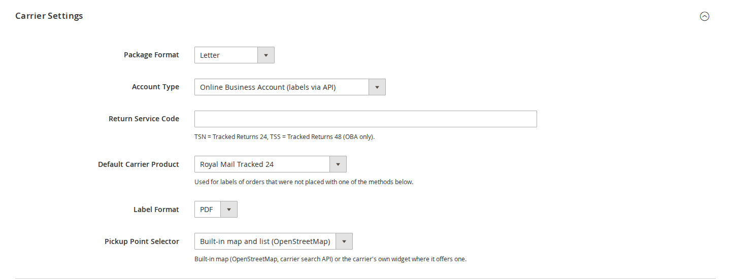 Royal Mail carrier settings