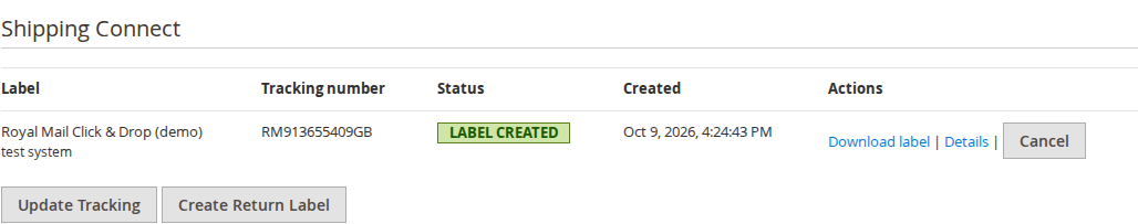 Shipping Connect section in the order view