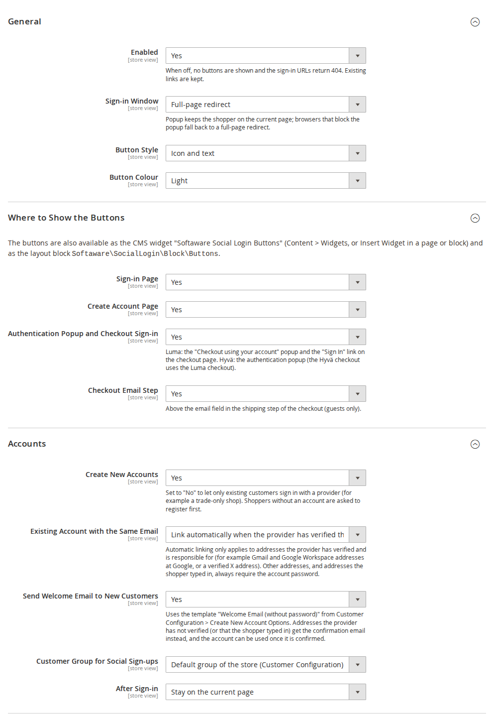 One settings page, per store view